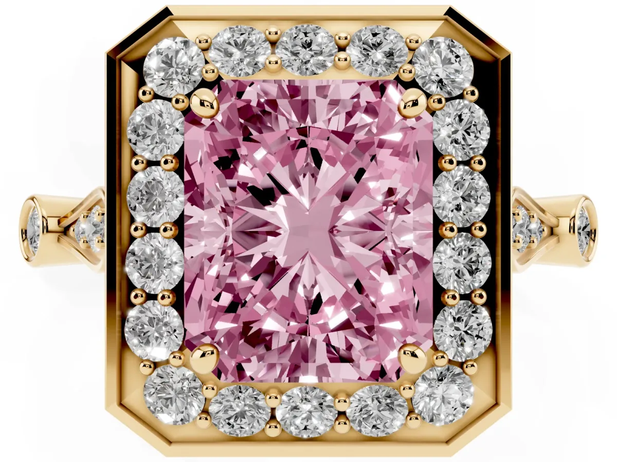 Fancy Pink Radiant Cut Halo Diamond Engagement Ring with Twisted Band and Four-Prong Setting Yellow gold