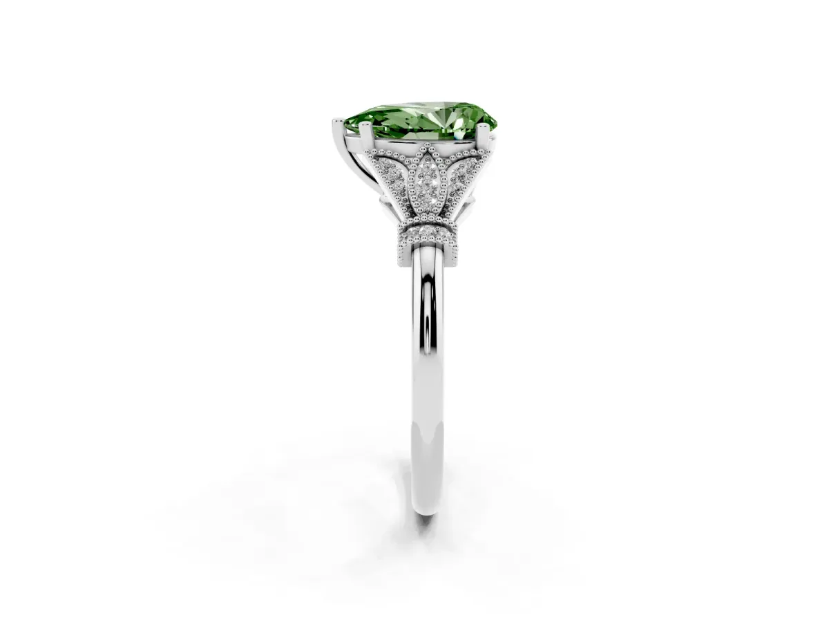 Fancy Green Pear Cut Diamond Solitaire Ring with Floral Filigree and Pave Accents Silver