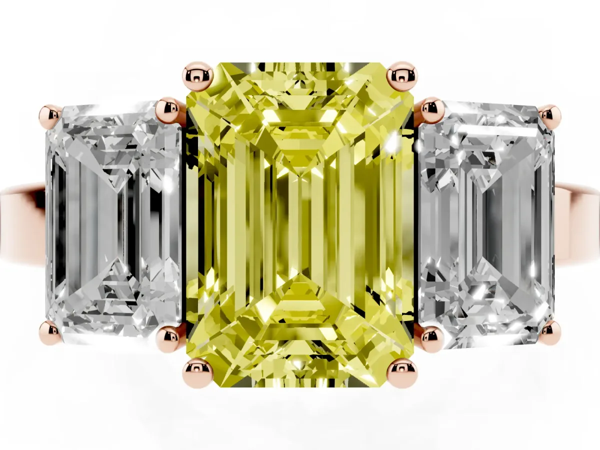 Fancy Yellow Three-Stone Emerald Cut Cut Diamond Engagement Ring with Flat Band and Four-Prong Setting Rose gold