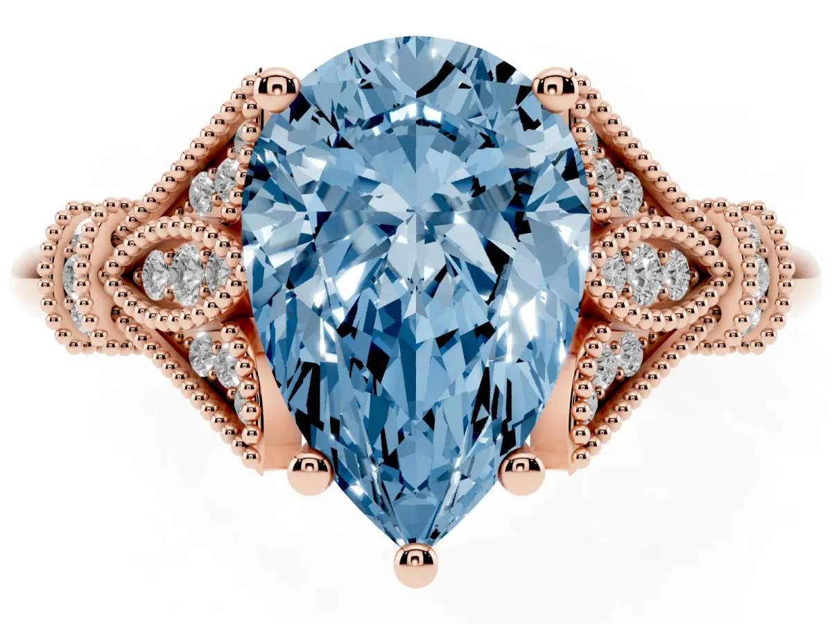 Fancy Blue Pear Cut Diamond Solitaire Ring with Floral Filigree and Pave Accents Rose gold