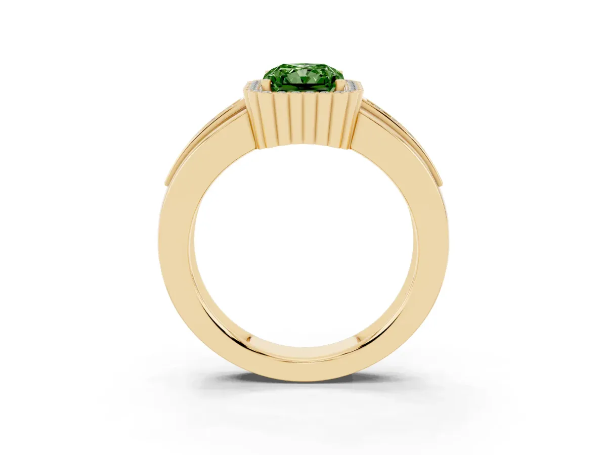 Fancy Green Radiant Cut Cut Halo Pave Band Four-Prong Ring Yellow gold