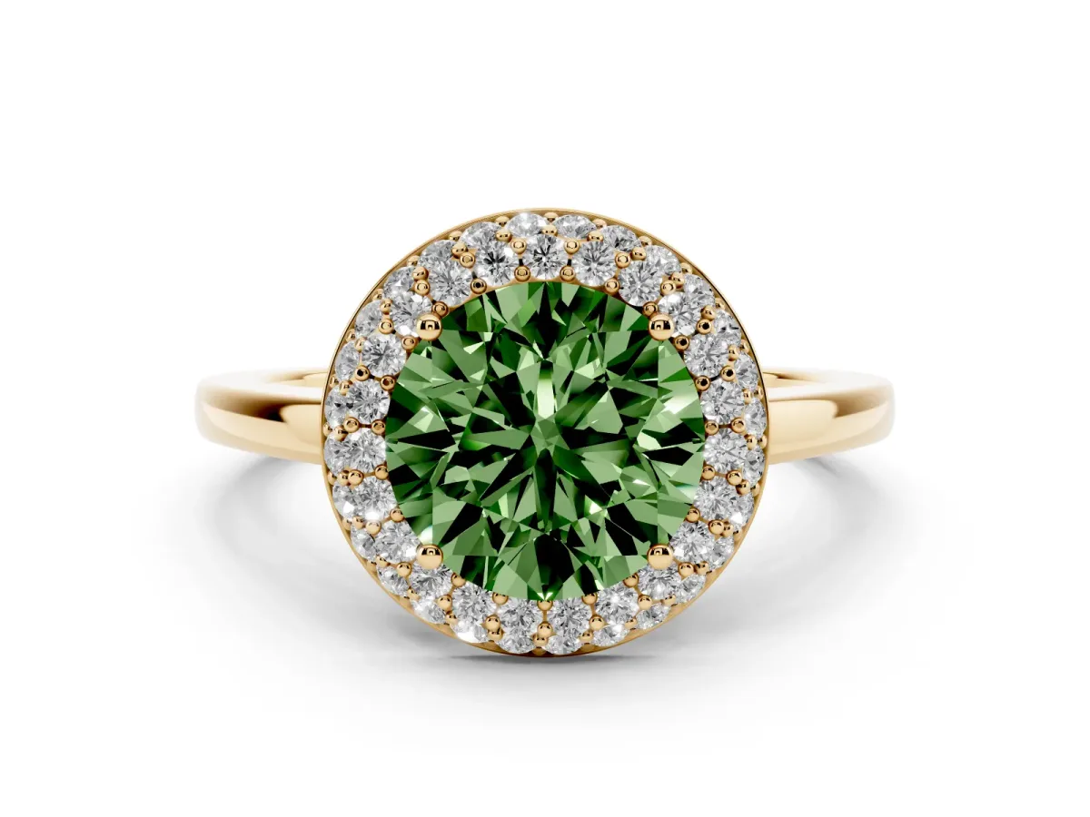 Fancy Green Round Cut Halo Diamond Engagement Ring with Solitaire Band and Four-Prong Setting Yellow gold