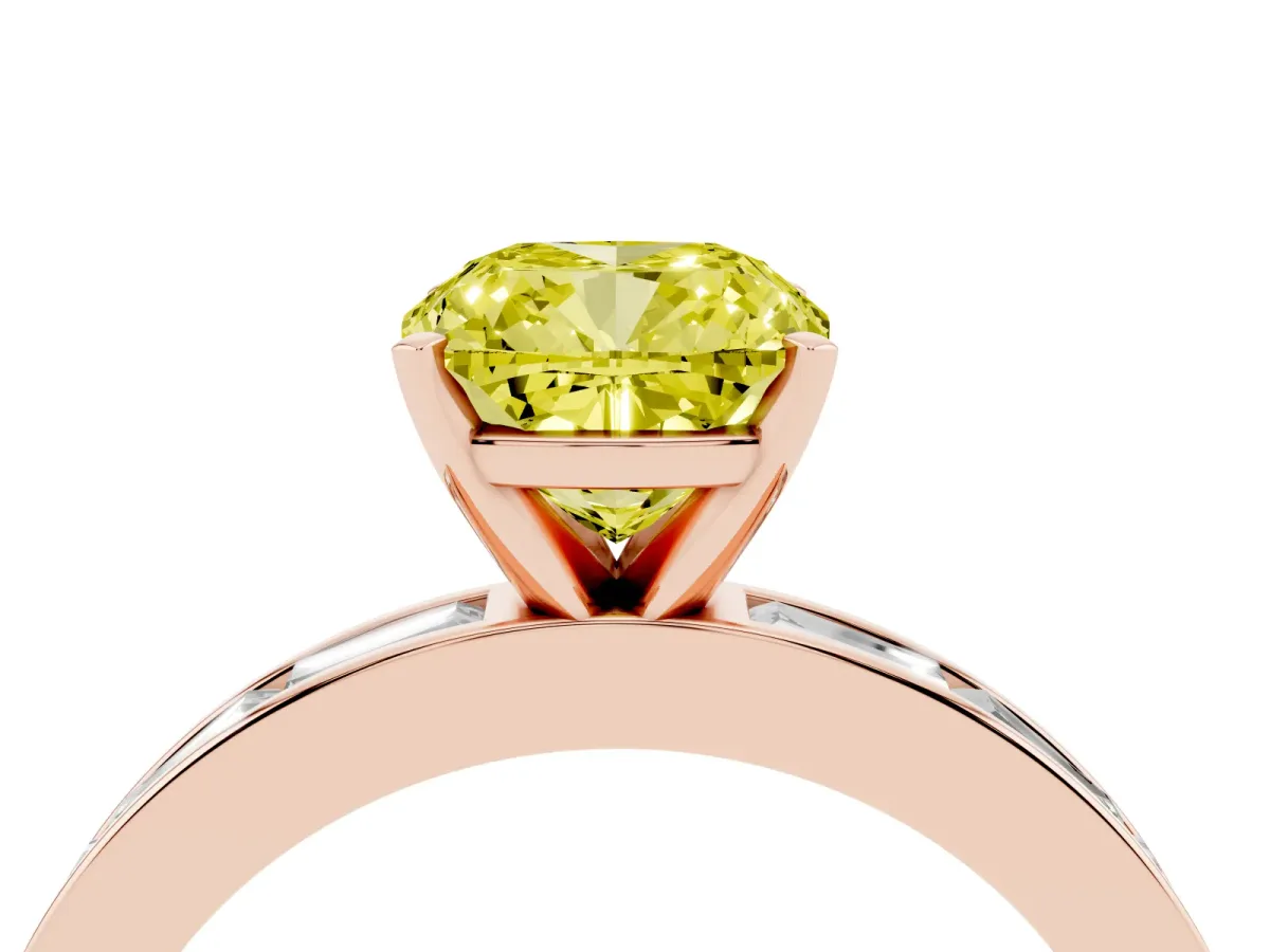 Fancy Yellow Cushion Cut Solitaire Diamond Ring with Channel-Set Baguette Band and Four-Prong Setting Rose gold