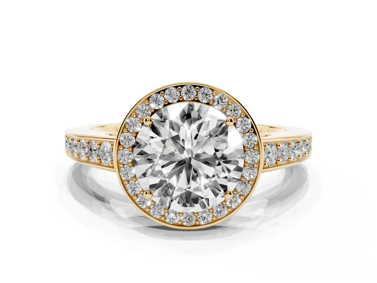 Round Cut Halo Pavé Diamond Engagement Ring with Bezel Setting Yellow gold