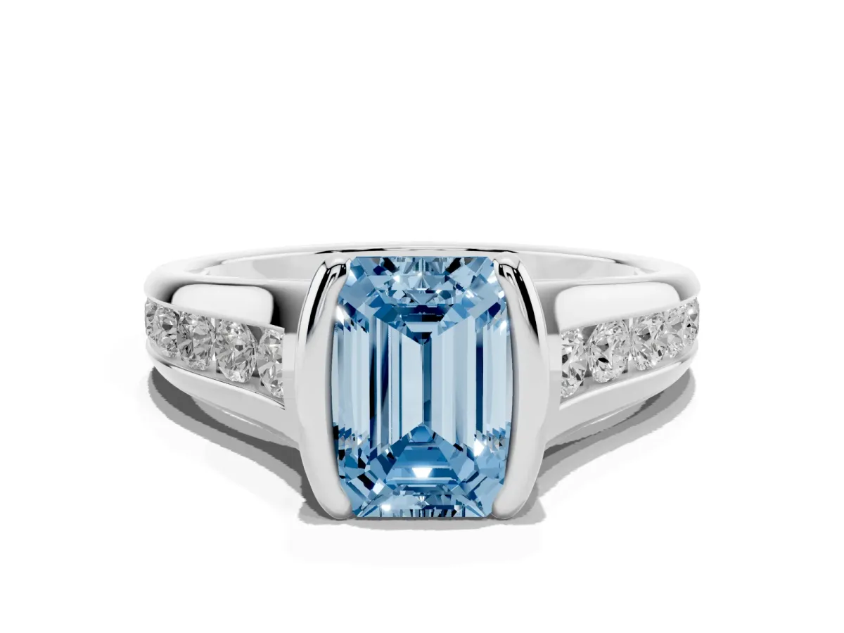 Fancy Blue Emerald Cut Solitaire Bezel-Set Diamond Ring with Channel-Set Band Platinum