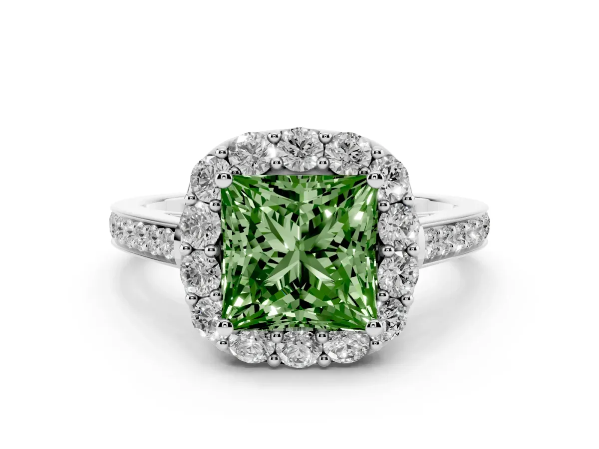Fancy Green Princess Cut Diamond Floral Halo Ring with Pavé Band and Prong Setting White gold