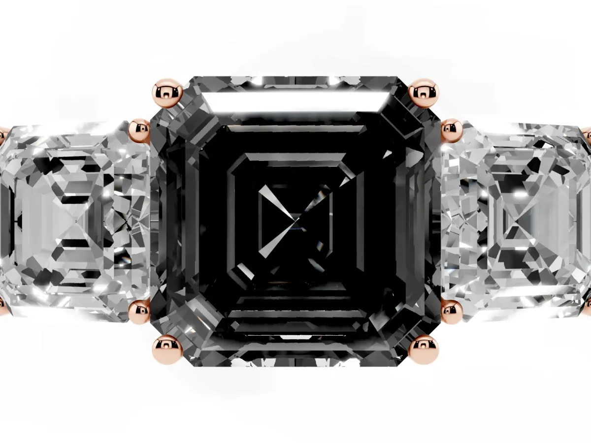 Fancy Black Three-Stone Asscher Cut Cut Diamond Engagement Ring with Flat Band and Four-Prong Setting Rose gold