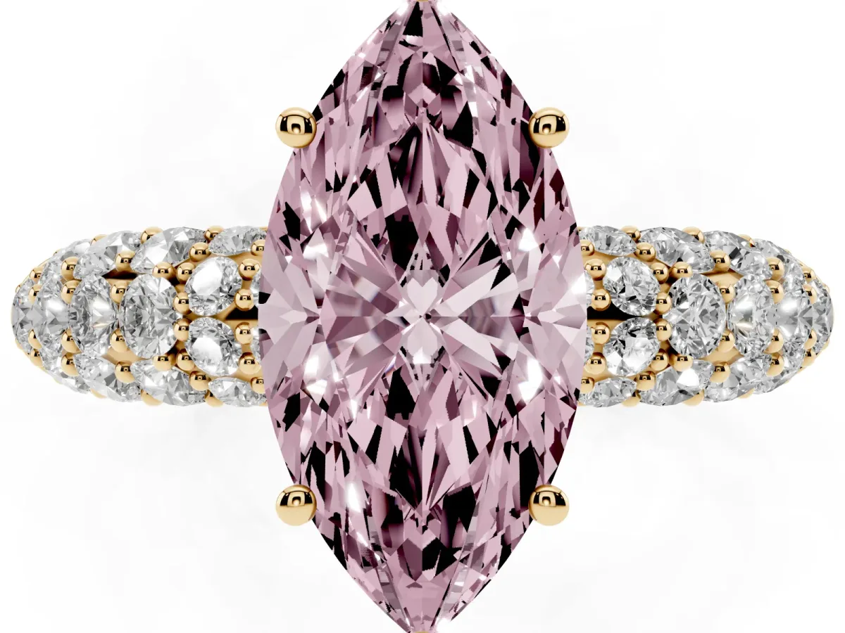 Fancy Pink Marquise Cut Diamond Pavé Band Solitaire Ring with Four-Prong Setting Yellow gold