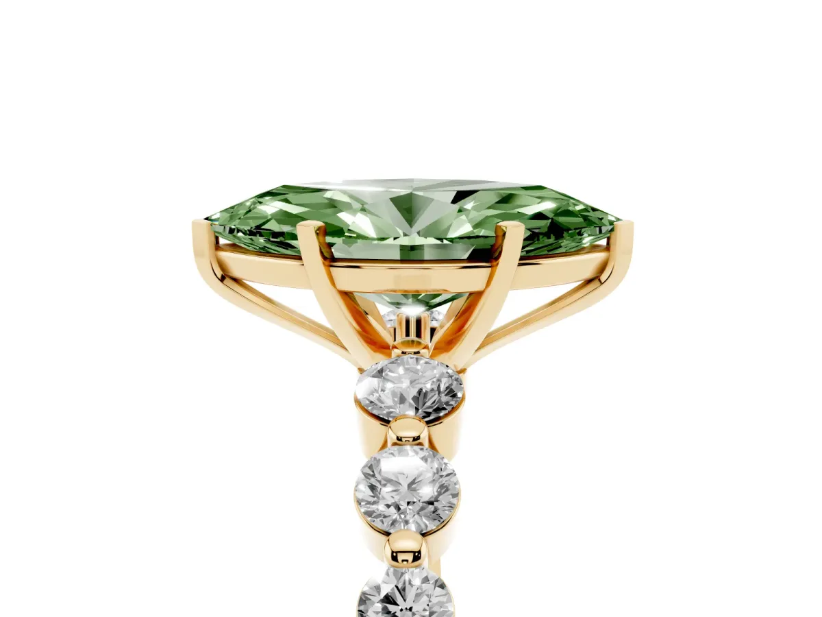Fancy Green Marquise Cut Solitaire Diamond Ring with Pave Band and Four-Prong Setting Yellow gold