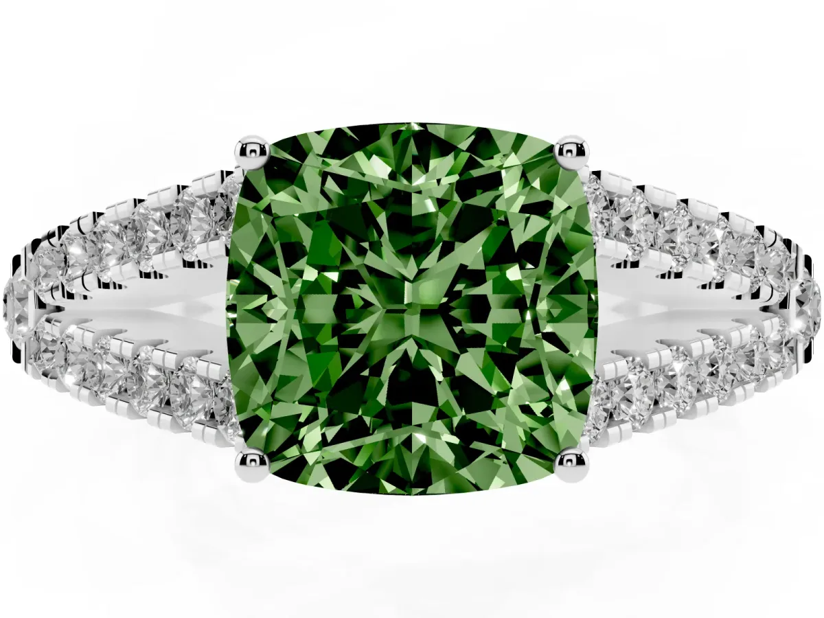 Fancy Green Cushion Cut Diamond Split Shank Engagement Ring with Round Pavé and Prong Setting Silver