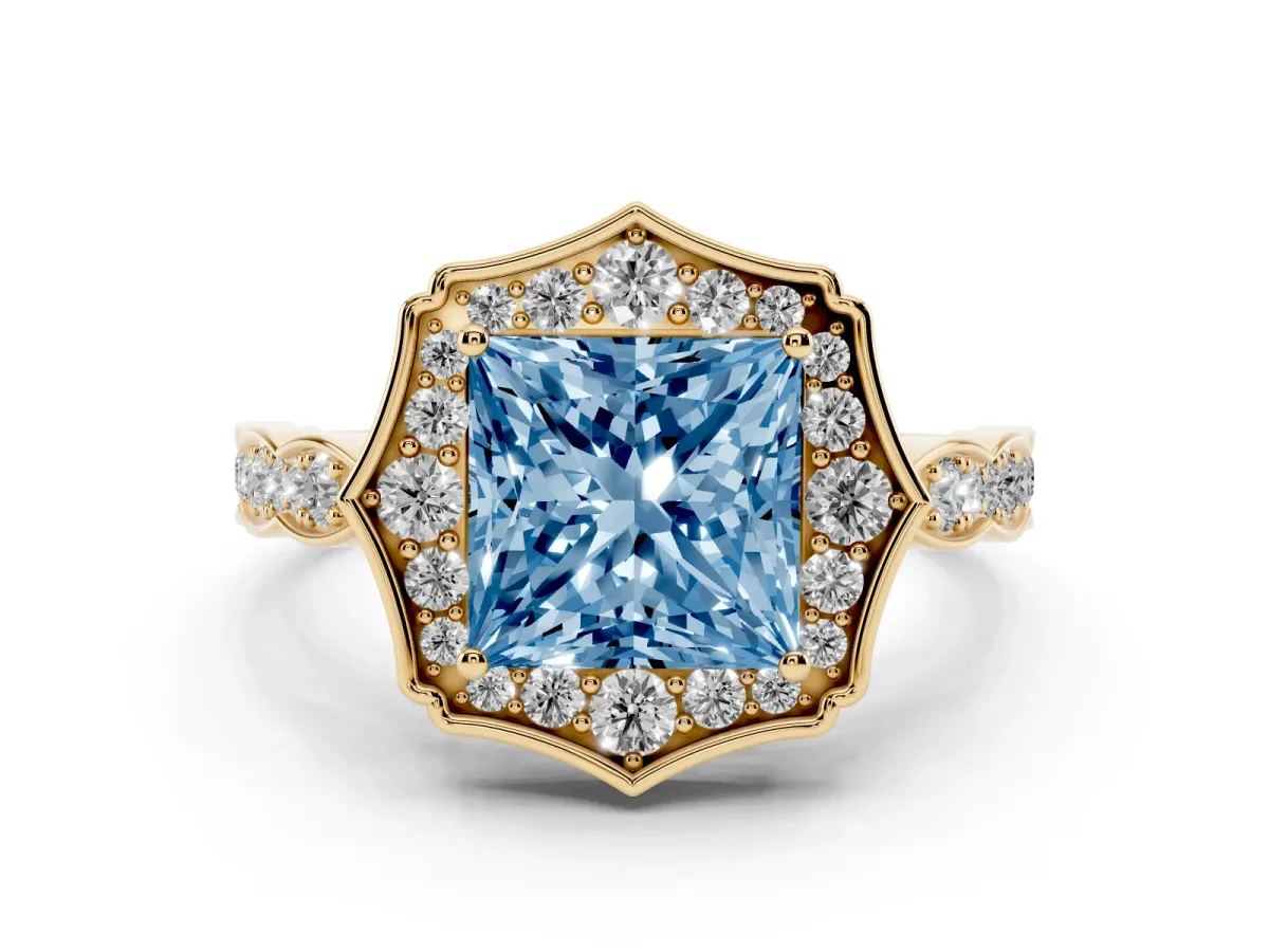 Fancy Blue Princess Cut Halo Diamond Engagement Ring with Milgrain Band and Four-Prong Setting Yellow gold