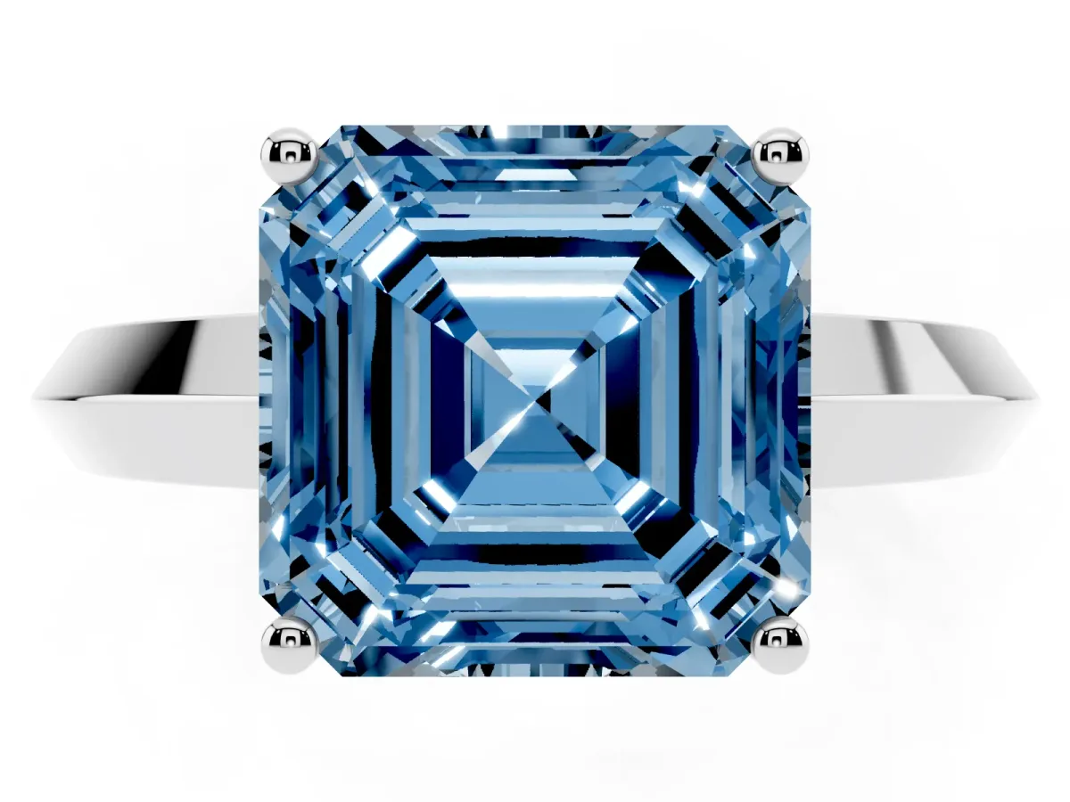 Fancy Blue Asscher Cut Cut Solitaire Engagement Ring with Flat Band and Four-Prong Setting Silver