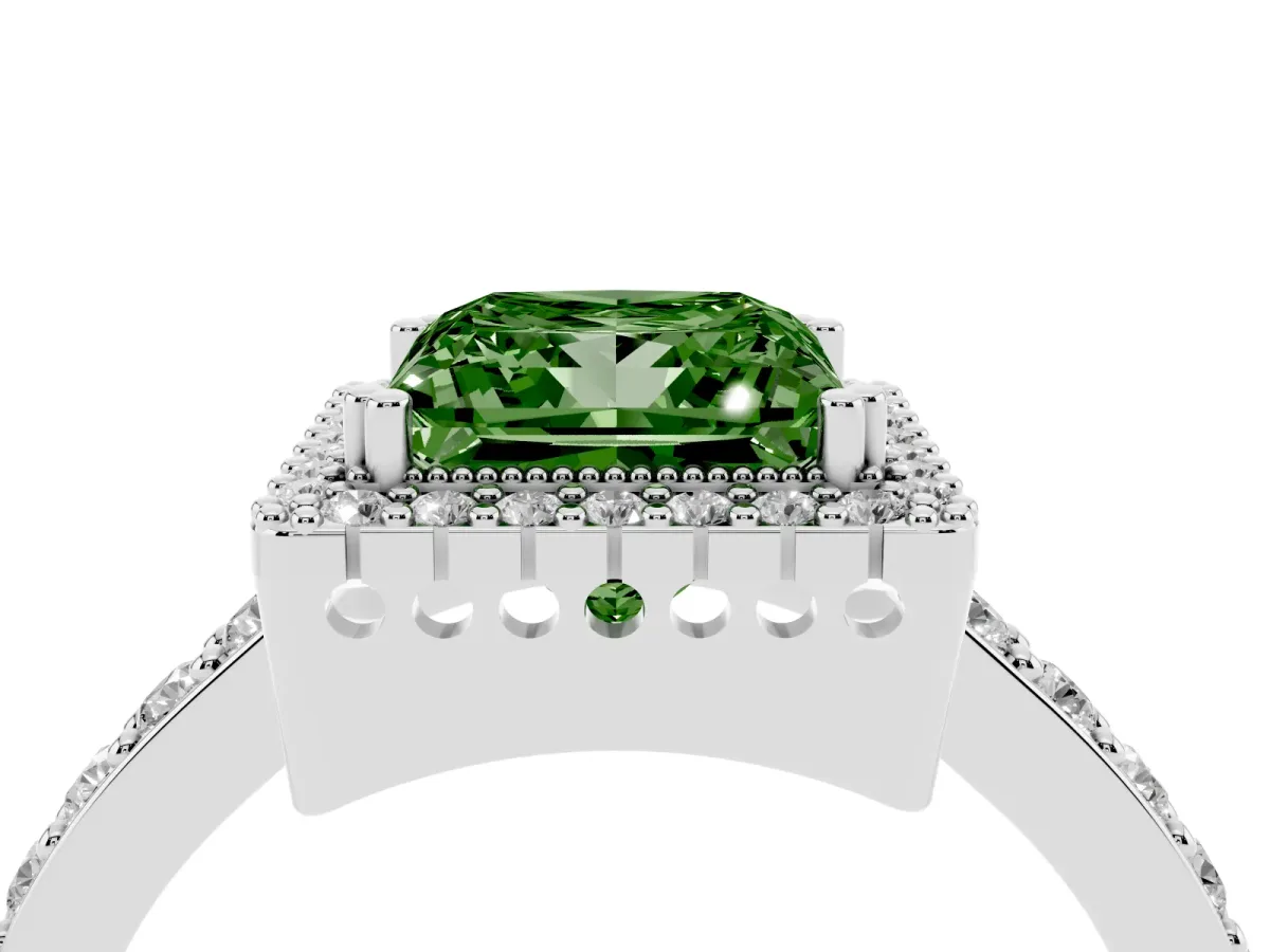 Fancy Green Princess Cut Cut Diamond Halo Engagement Ring with Milgrain Detail and Pavé Band Platinum