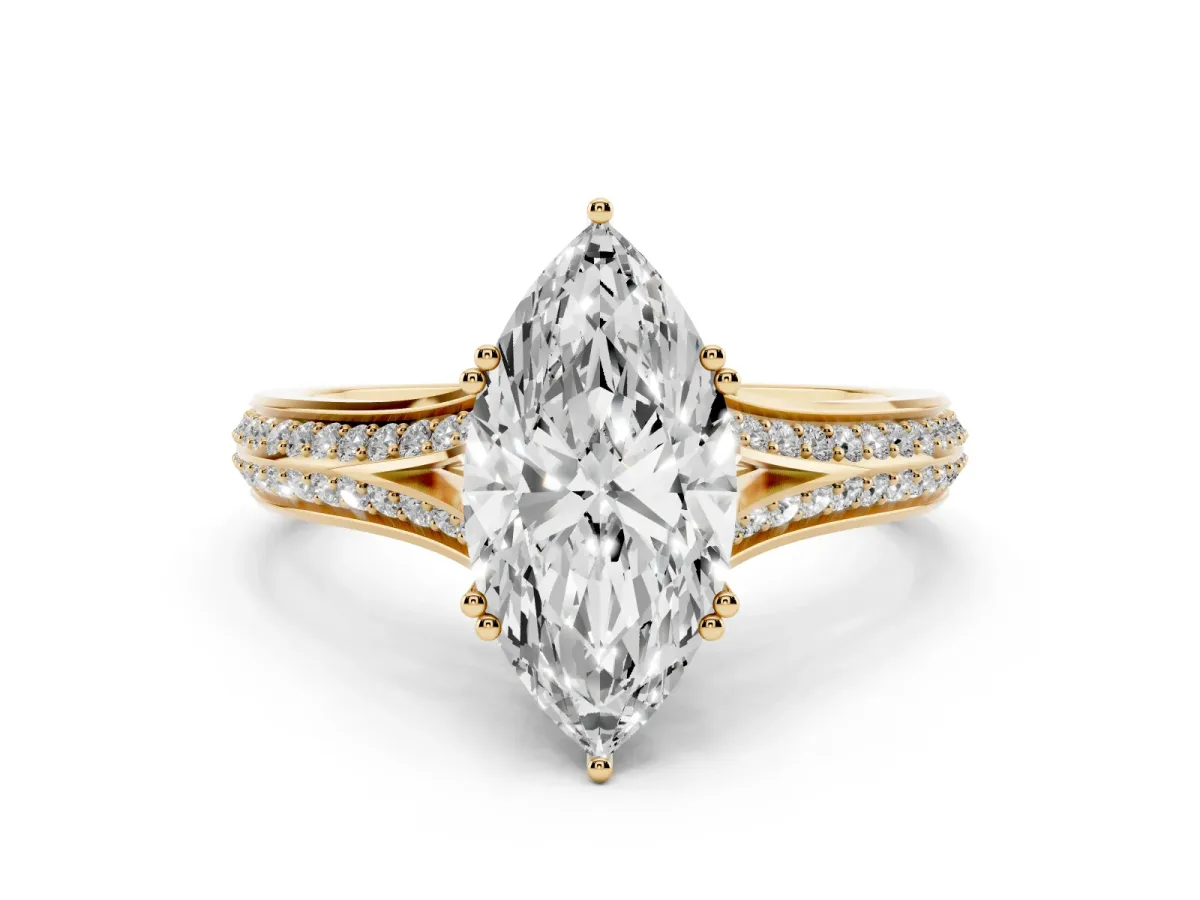 Marquise Cut Diamond Split Shank Engagement Ring with Pavé Band Yellow gold