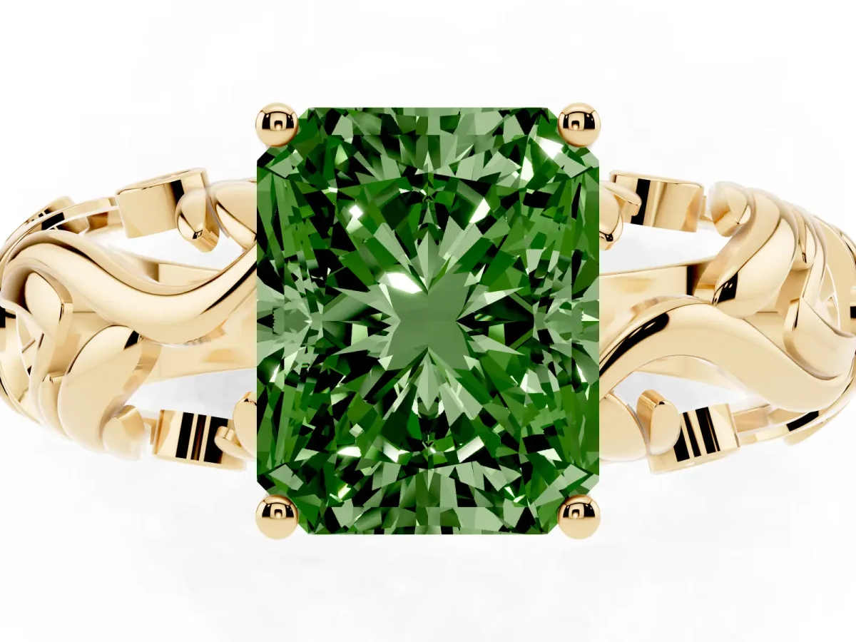 Fancy Green Radiant Cut Solitaire Diamond Leaf-Inspired Vine Band Ring with Prong Setting Yellow gold