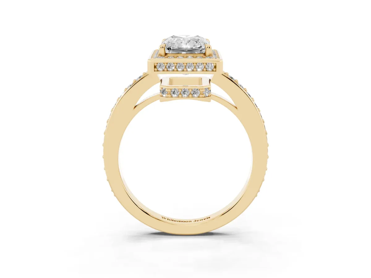 Radiant Cut Halo Pave Band Solitaire Ring with Prong Setting Yellow gold