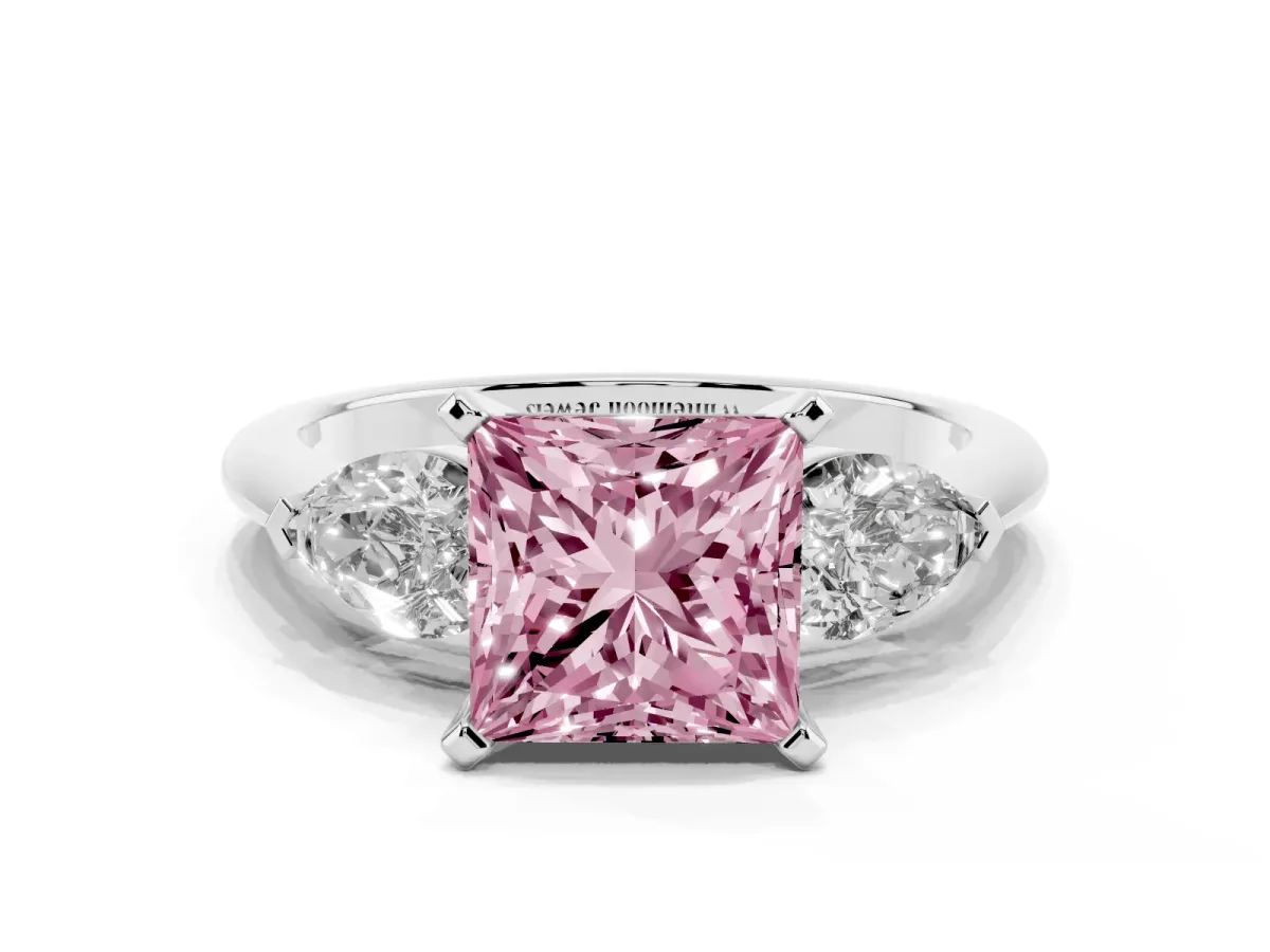 Fancy Pink Three-Stone Princess Cut Diamond Ring with Pear Side Stones and Four-Prong Setting Silver