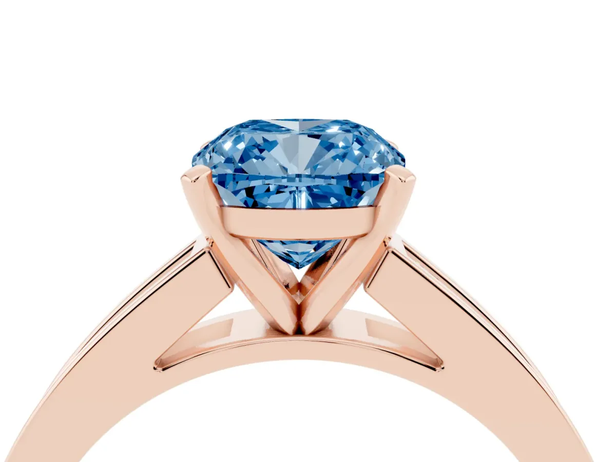 Fancy Blue Cushion Cut Solitaire Diamond Ring with Channel-Set Band and Four-Prong Setting Rose gold