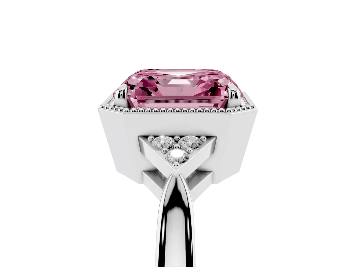 Fancy Pink Asscher Cut Diamond Halo Ring with Tapered Band and Four-Prong Setting Platinum