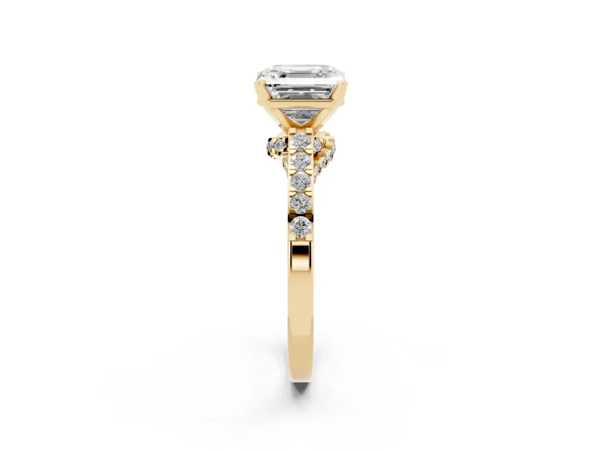 Asscher Cut Diamond Solitaire Ring with Crossover Gallery and Round Pavé Band Yellow gold