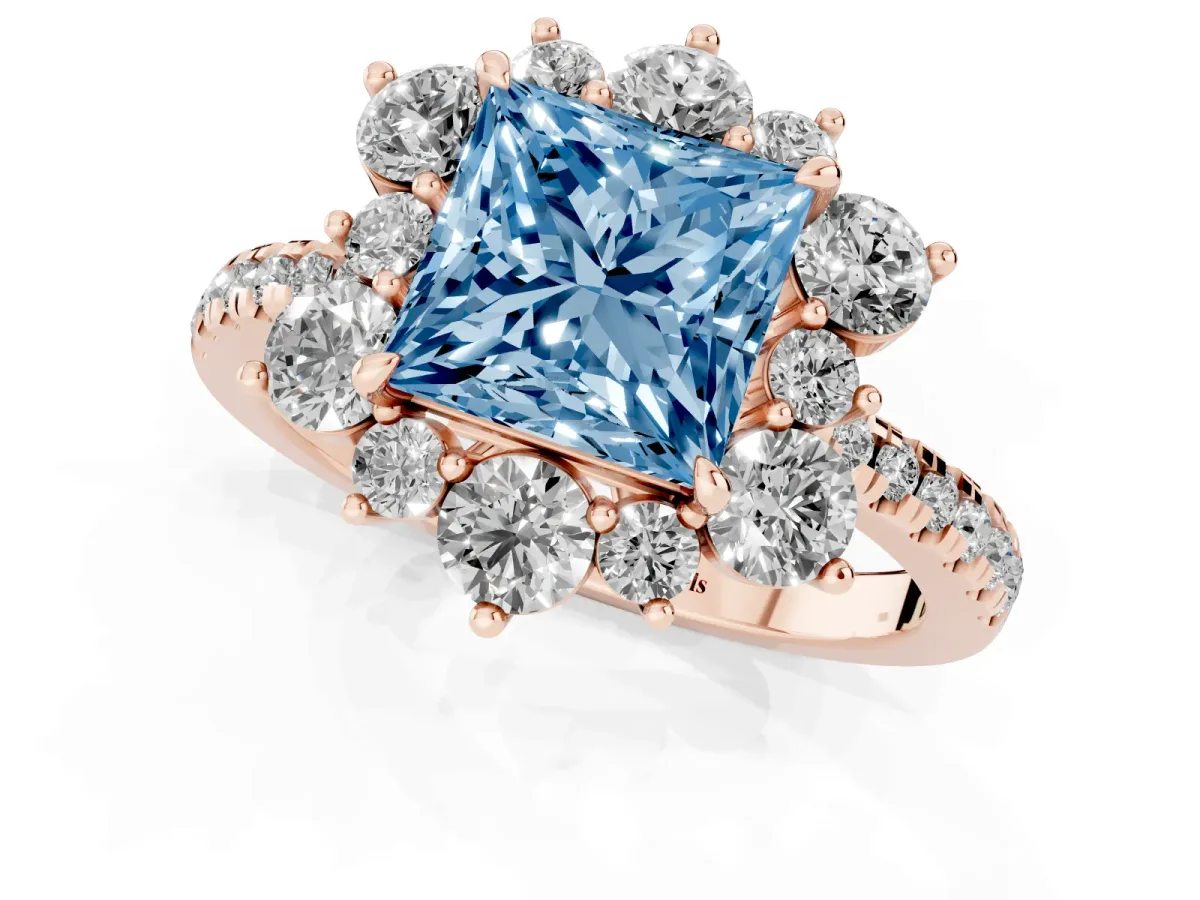 Fancy Blue Princess Cut Diamond Floral Halo Ring with Round Pavé Band and Prong Setting Rose gold