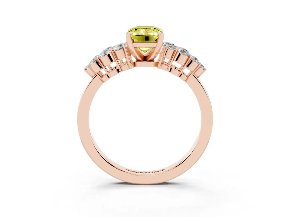 Fancy Yellow Emerald Cut Cluster Diamond Engagement Ring with Pavé Band and Four-Prong Setting Rose gold