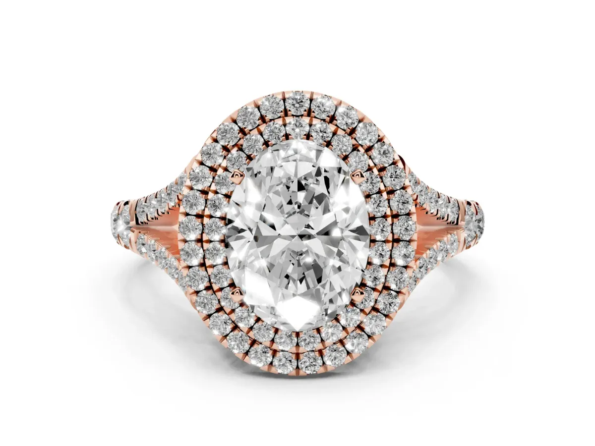 Double Halo Oval Cut Diamond Split Shank Engagement Ring with Four-Prong Setting Rose gold