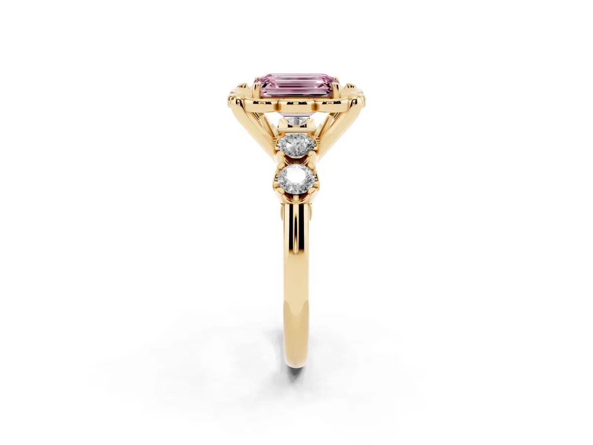 Fancy Pink Emerald Cut Cut Diamond Floral Halo Engagement Ring with Shared Prong Setting Yellow gold