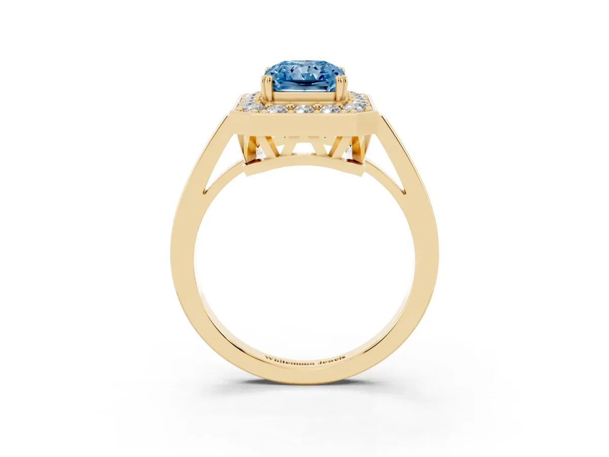 Fancy Blue Radiant Cut Diamond Halo Ring with Split Shank and Four-Prong Setting Yellow gold