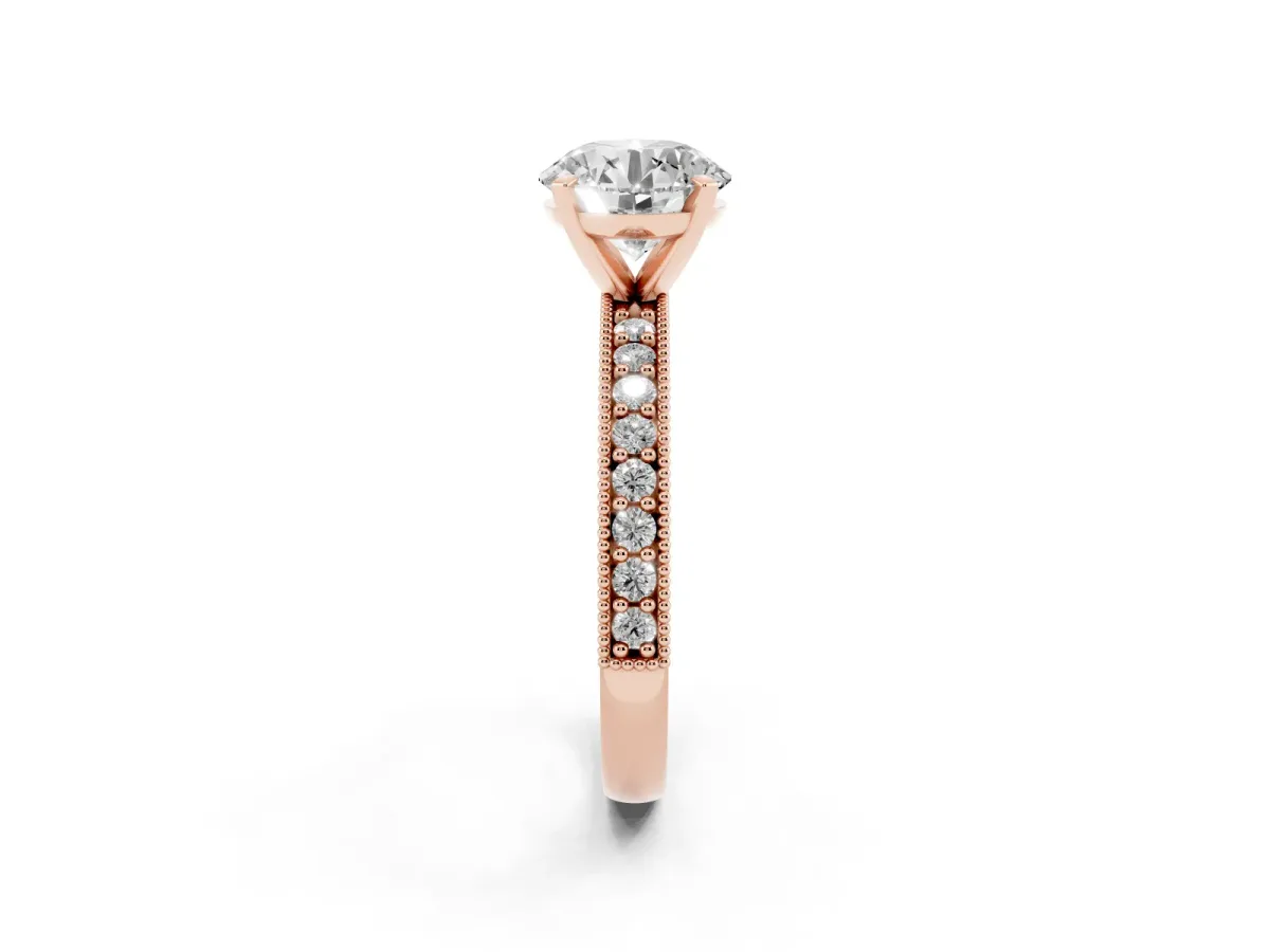 Round Cut Diamond Milgrain Pavé Engagement Ring with Four-Prong Setting Rose gold