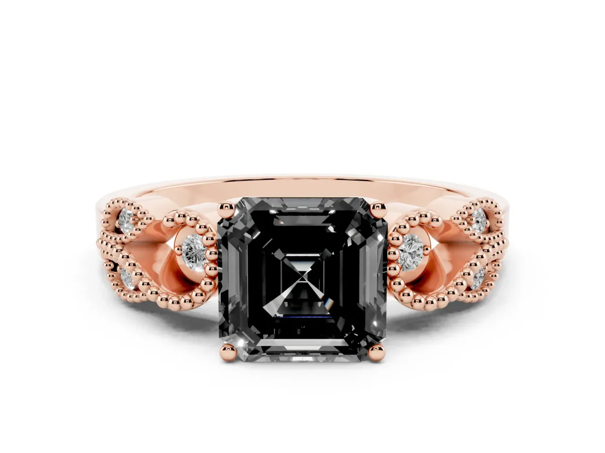 Fancy Black Asscher Cut Solitaire Milgrain Leaf Band with Prong Setting Rose gold