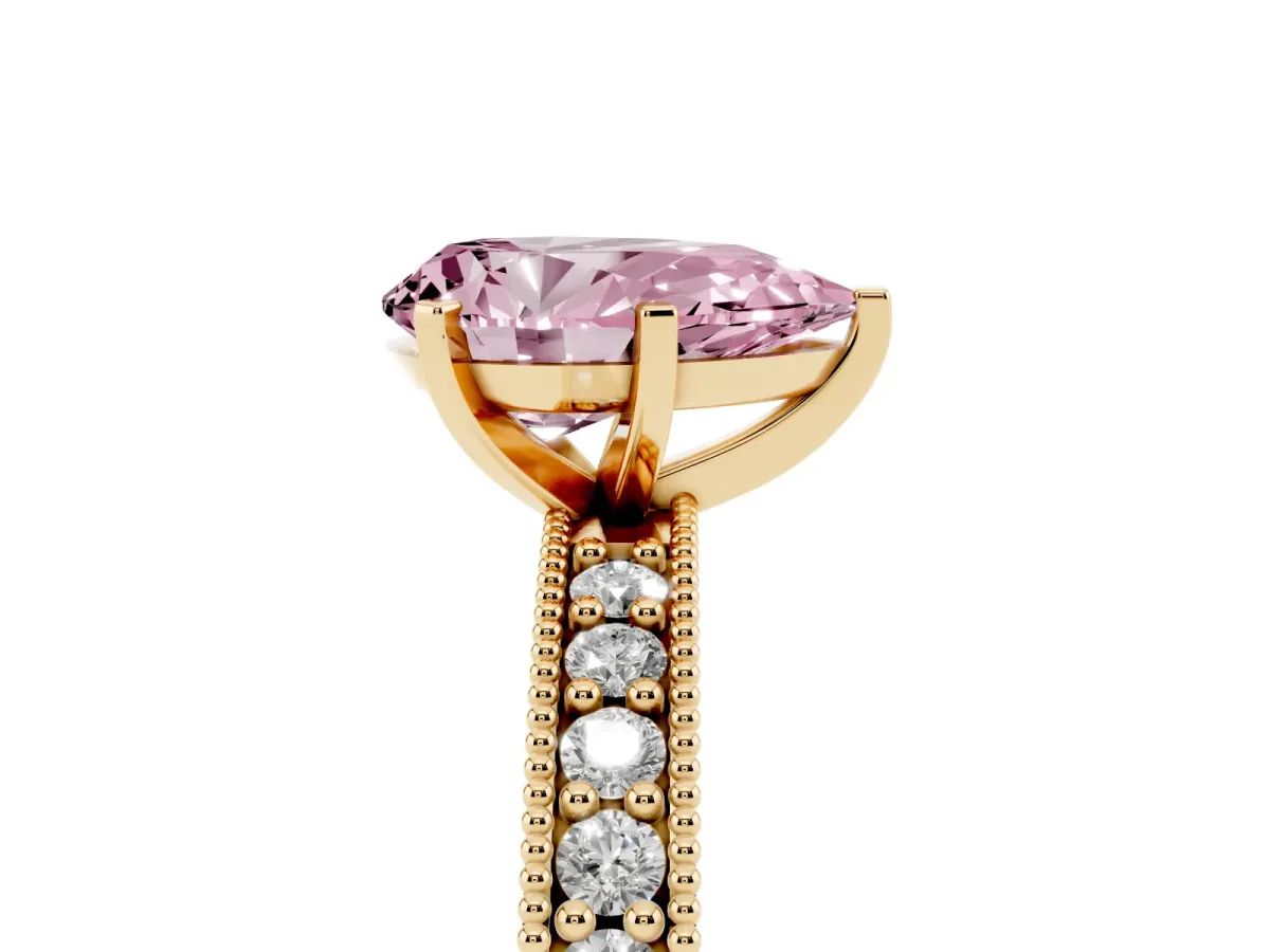 Fancy Pink Pear Cut Diamond Milgrain Pavé Engagement Ring with Four-Prong Setting Yellow gold