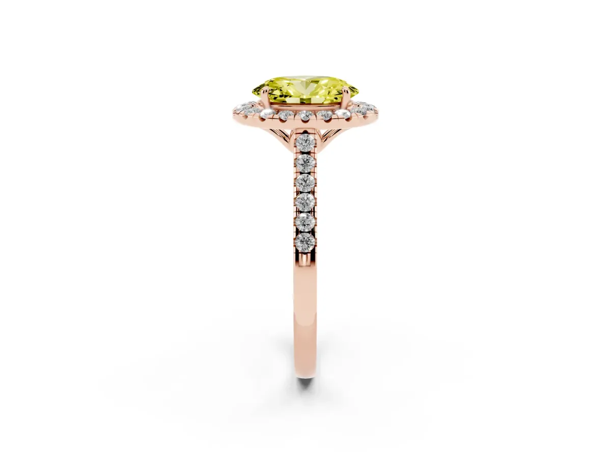 Fancy Yellow Oval Cut Halo Pavé Diamond Engagement Ring with Four-Prong Setting Rose gold
