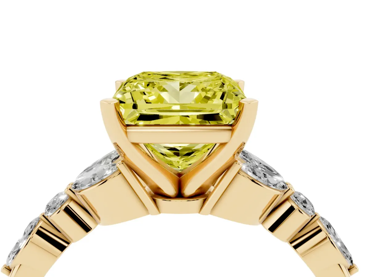 Fancy Yellow Princess Cut Diamond Solitaire Ring with Side Stones and Four-Prong Setting Yellow gold