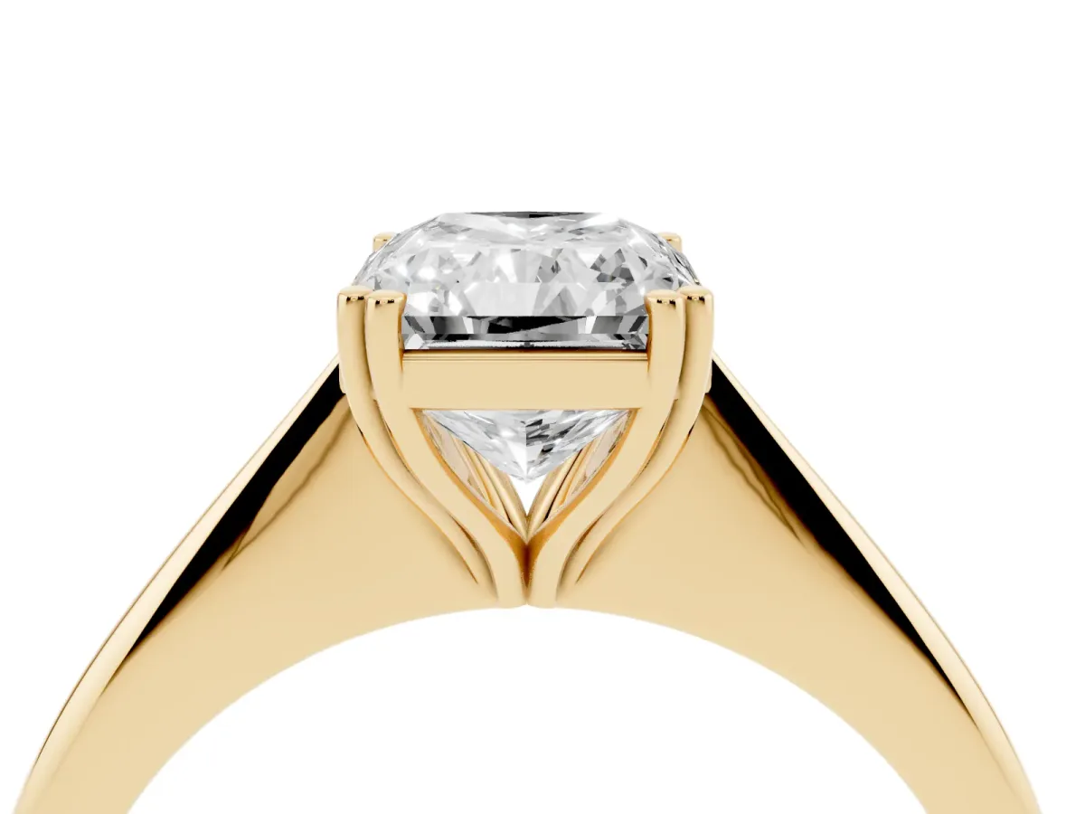Radiant Cut Solitaire Diamond Ring with Six-Prong Setting and Classic Band Yellow gold