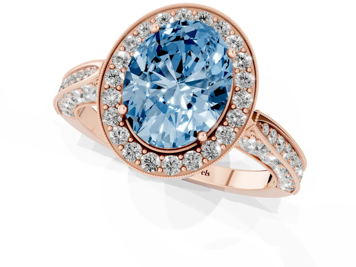 Fancy Blue Oval Cut Halo Diamond Engagement Ring with Split Shank Band and Four-Prong Setting Rose gold