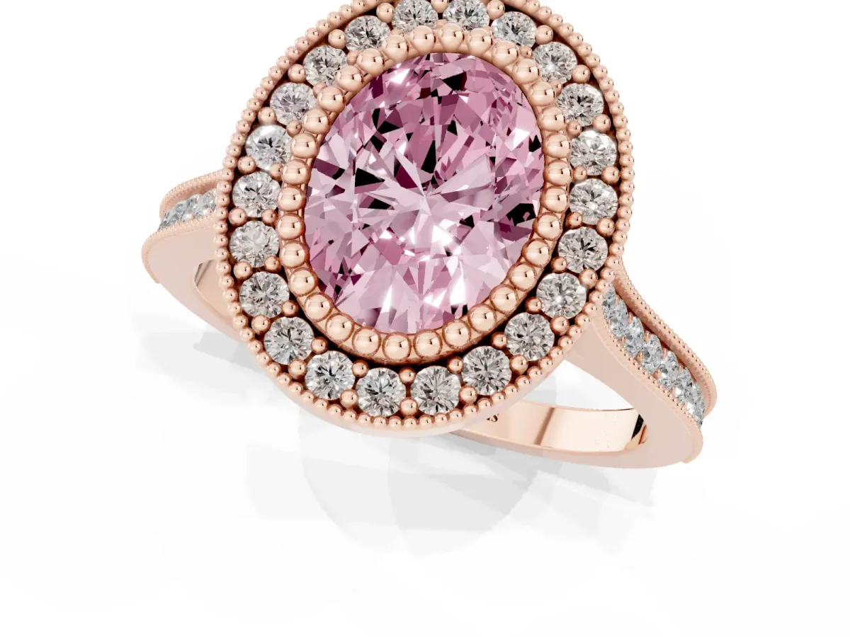 Fancy Pink Oval Cut Diamond Halo Ring with Milgrain Frame and Pavé Band Rose gold