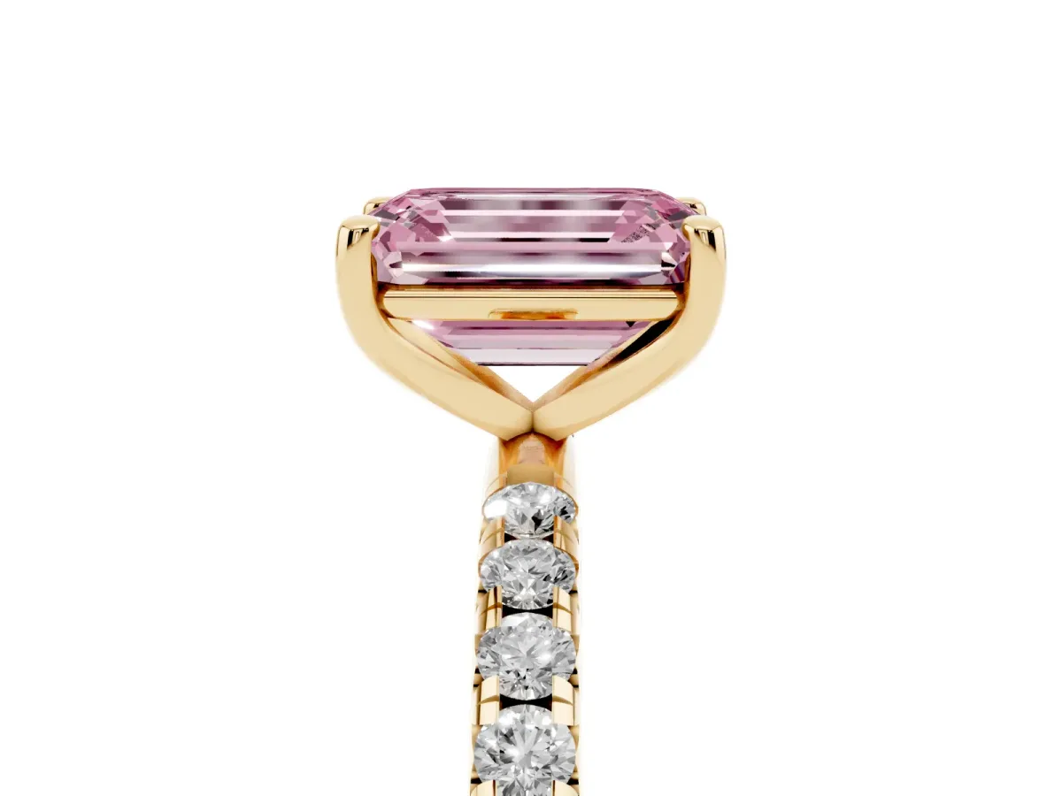 Fancy Pink Emerald Cut Cut Diamond Solitaire Ring with Micro Pave Band and Four Prong Setting Yellow gold