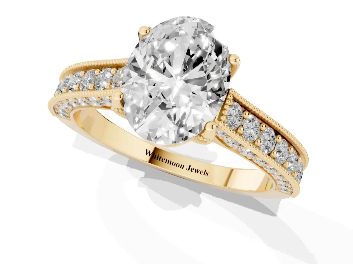 Oval Cut Cut Diamond Solitaire Ring with Milgrain Pave Band and Four Prong Setting Yellow gold