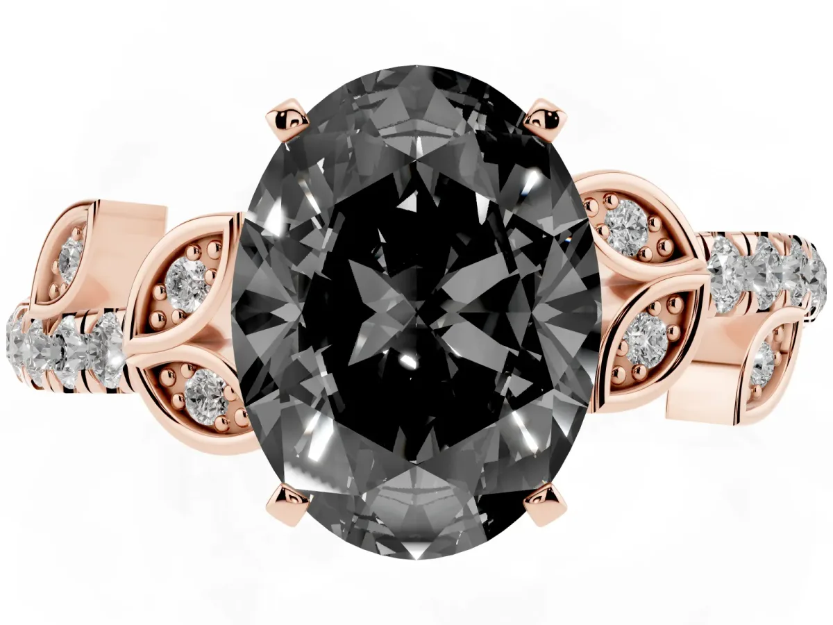 Fancy Black Oval Cut Solitaire Leaf-Inspired Diamond Ring with Pavé Band and Four-Prong Setting Rose gold