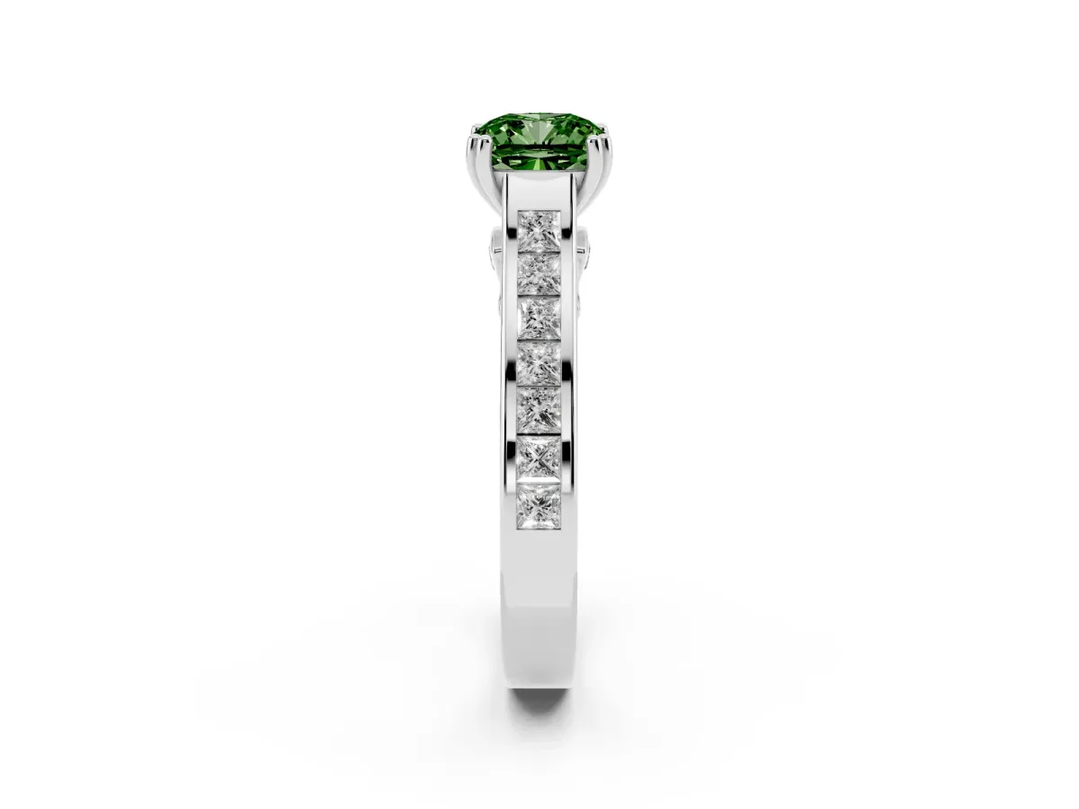 Fancy Green Cushion Cut Cut Channel Set Solitaire Engagement Ring with Prong Setting Silver