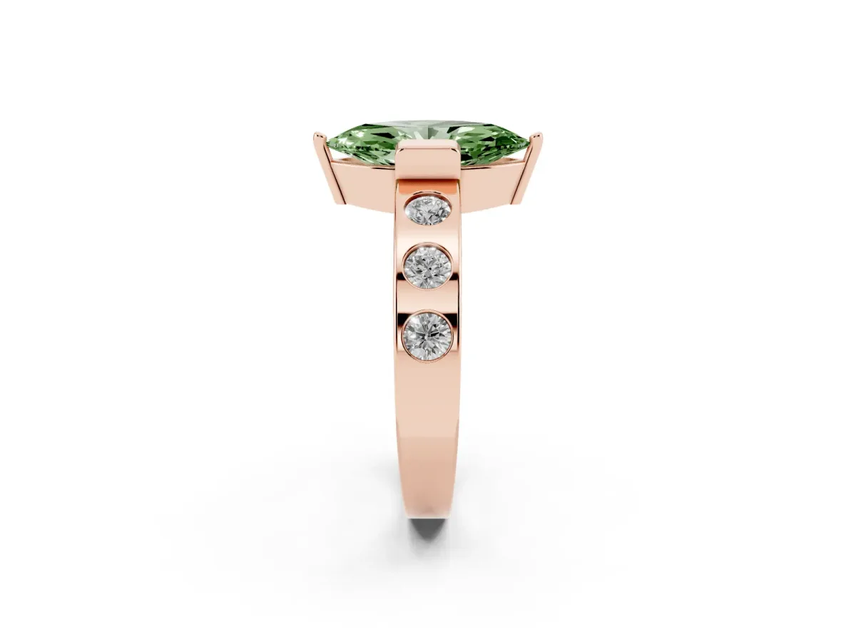 Fancy Green Marquise Cut Brilliant Channel-Set Diamond Ring with Bezel Prong Setting Rose gold