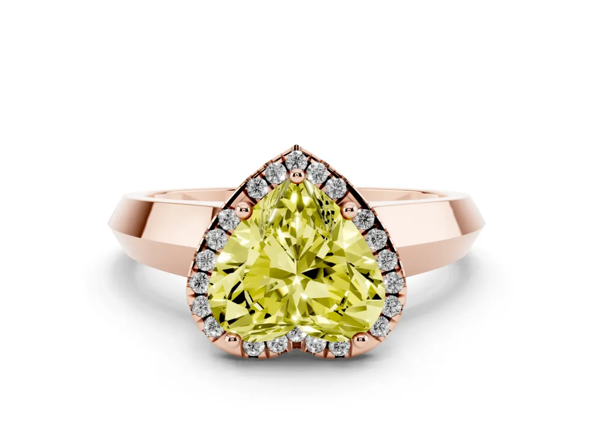 Fancy Yellow Heart Cut Halo Diamond Ring with Cathedral Band and Four-Prong Setting Rose gold