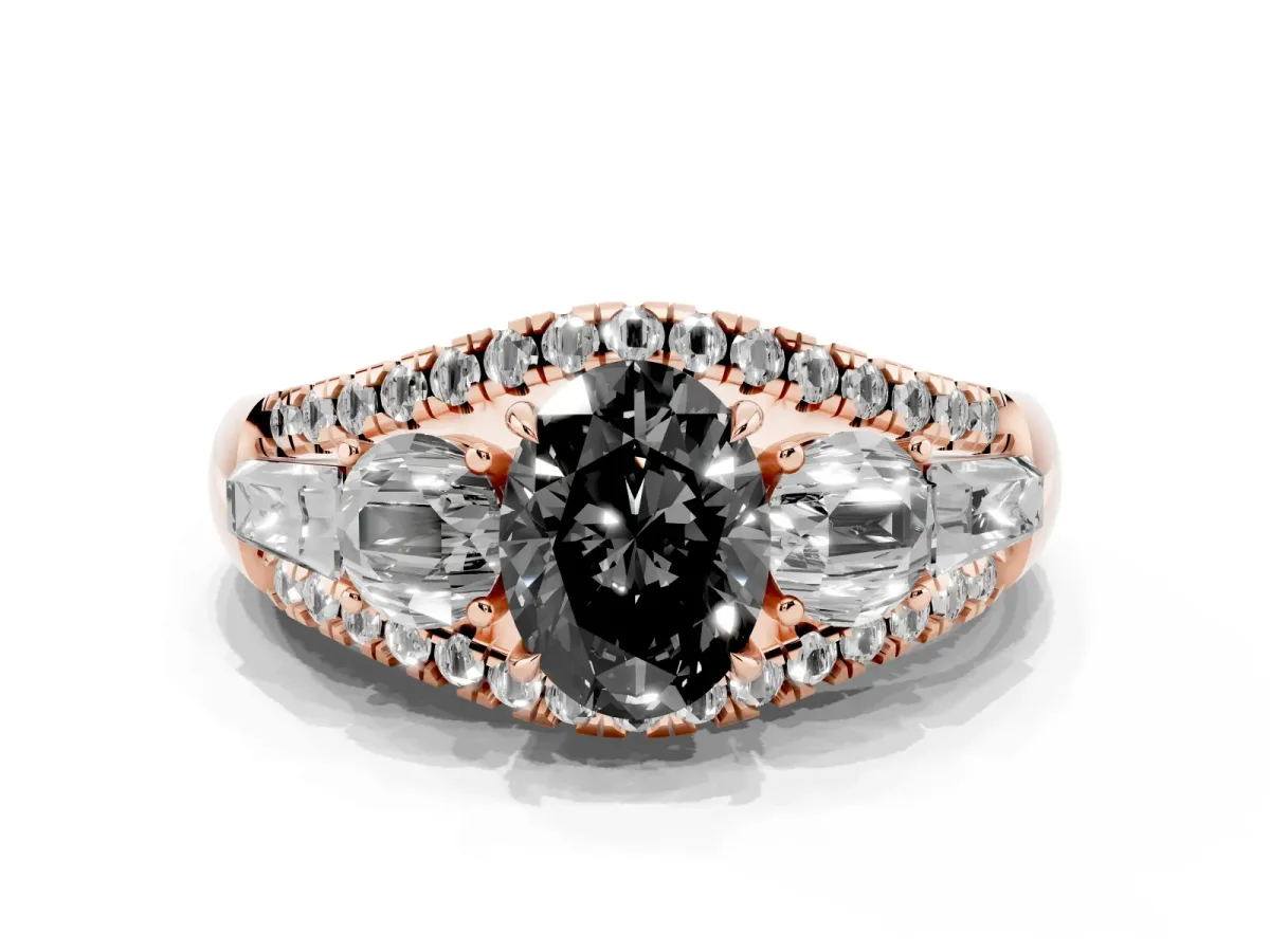 Fancy Black Three-Stone Oval Cut Diamond Engagement Ring with Pave Band and Prong Setting Rose gold