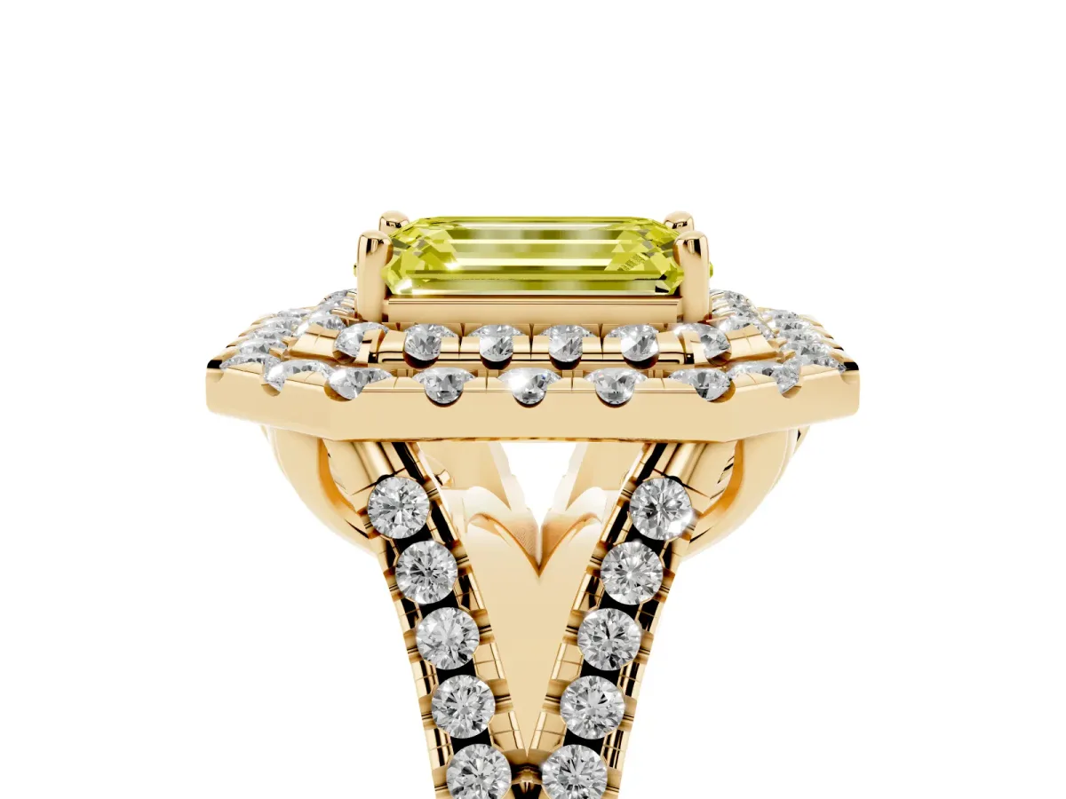 Fancy Yellow Double Halo Emerald Cut Diamond Pavé Split Shank Ring with Prong Setting Yellow gold
