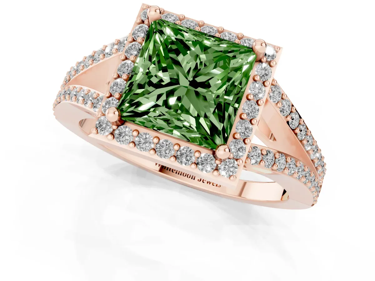 Fancy Green Princess Cut Halo Split Shank Diamond Ring with Prong Setting Rose gold