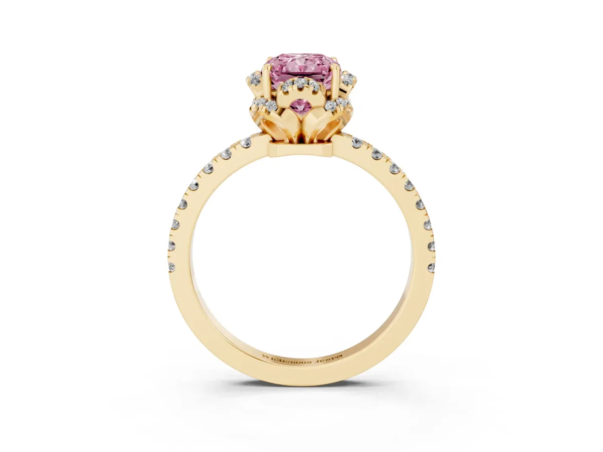 Fancy Pink Radiant Cut Halo Diamond Pave Band Ring with Four-Prong Setting Yellow gold