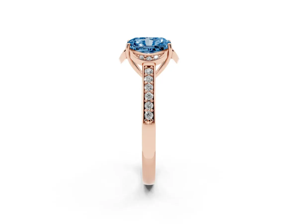 Fancy Blue Radiant Cut Cut Halo Diamond Ring with Channel Set Band and Four-Prong Setting Rose gold