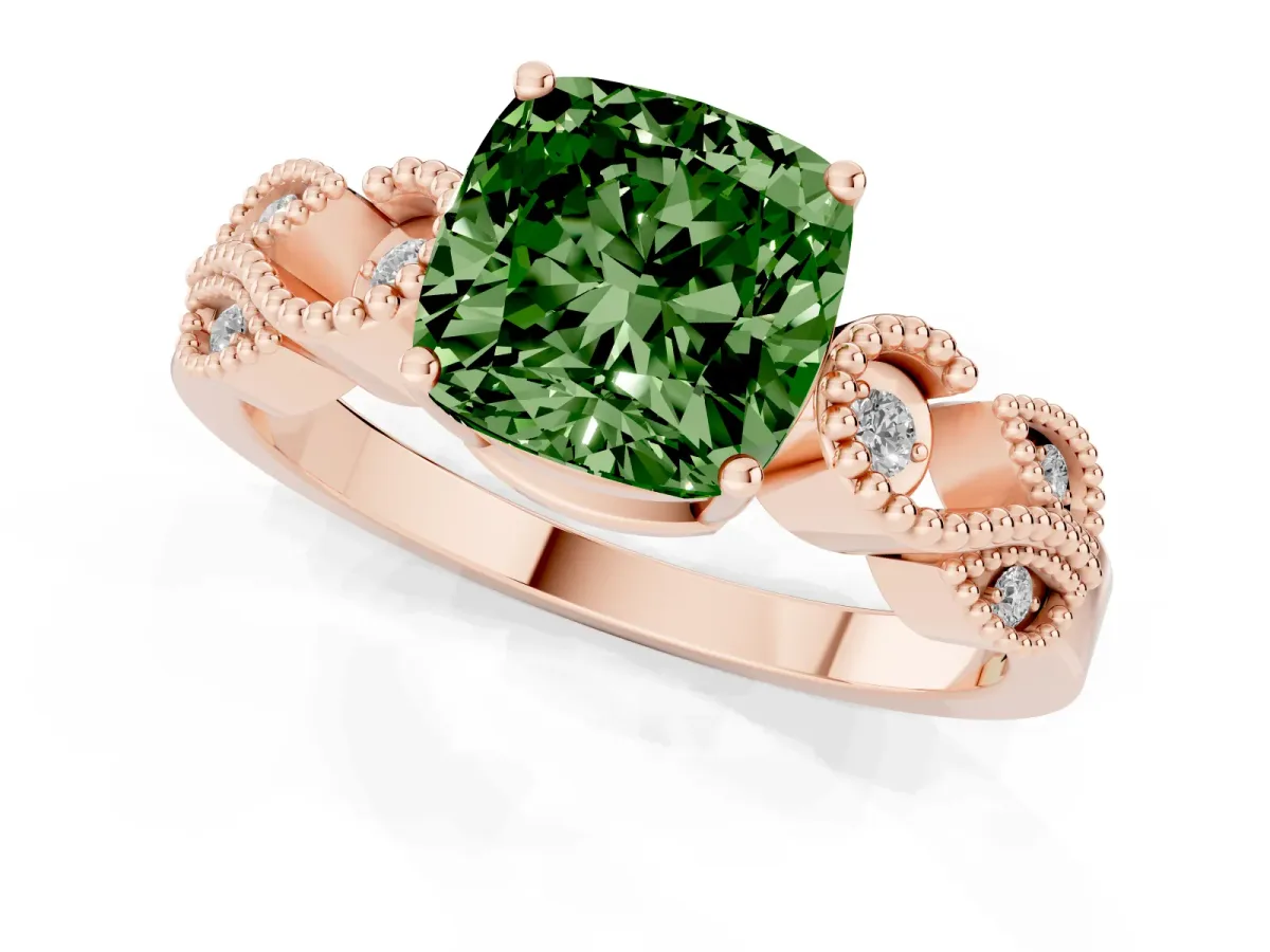 Fancy Green Cushion Cut Solitaire Milgrain Leaf Band with Prong Setting Rose gold