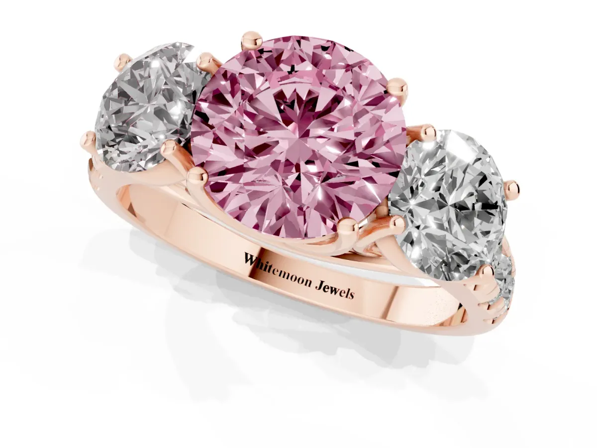 Fancy Pink Three-Stone Round Cut Diamond Pavé Band with Prong Setting Rose gold